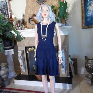 St. John Navy Blue Textured Knit Sleeveless Dress w/ Tiered Ruffle Skirt Size 10